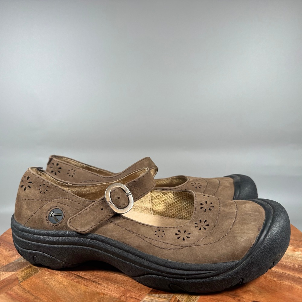 Keen Presidio Mary Jane Brown Leather Floral Perforated Shoes Womens 9
